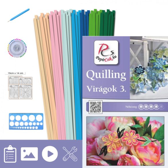 Virágok 3. - Quilling minta (220db csík 20db mintához, leírás, eszközök)
