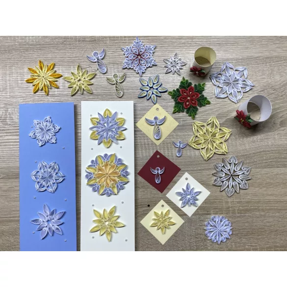 Quilling 1x1 - Karácsony - TANFOLYAM és KEZDŐCSOMAG 11 féle mintával (Alapanyagokkal és eszközökkel!) Angyalka, Csillag, Hópehely
